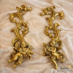 Vintage Gold Cherub Wall Plaques Ornate Baroque Scroll Decor Set of 2